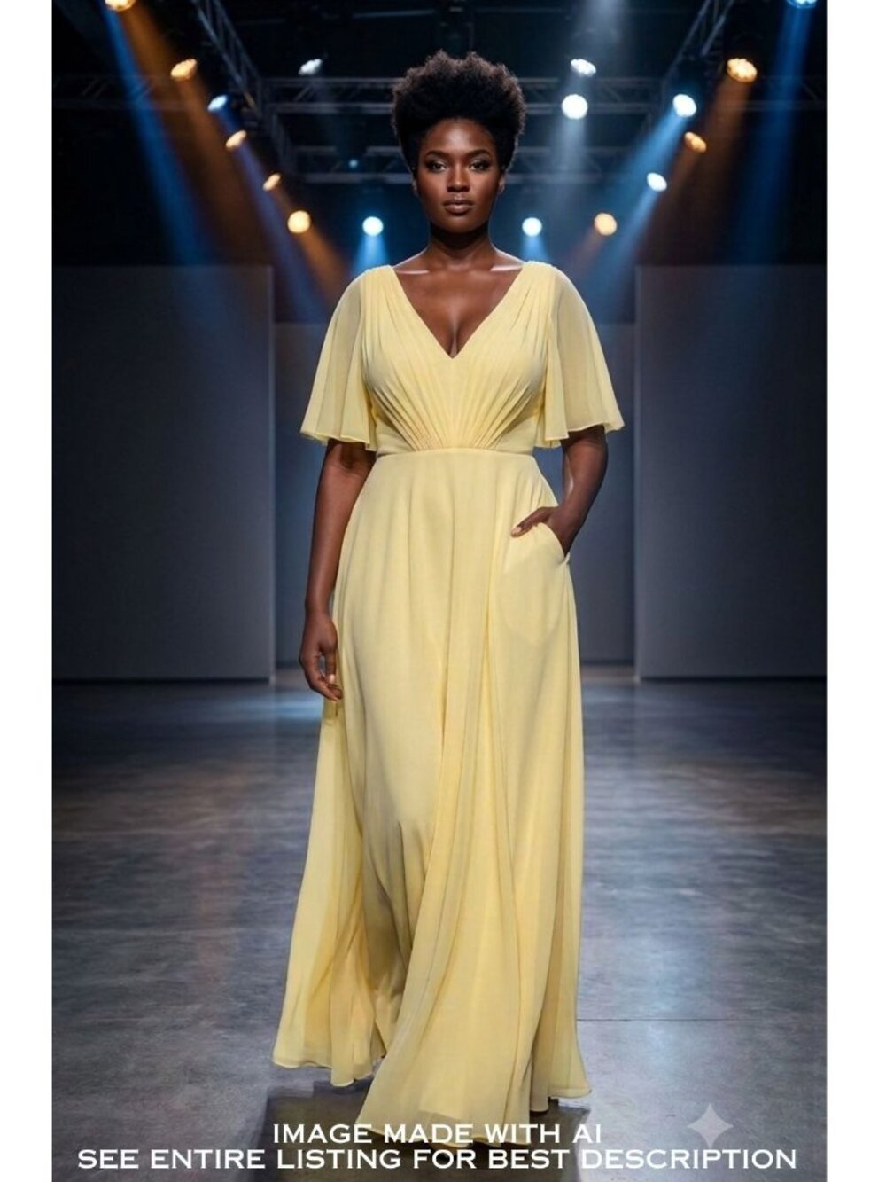 Lavetir Lemon Yellow Formal Dress 16 Flutter Sleeves Pockets Fairy Cottage HOCO